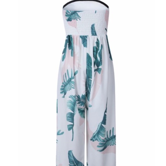 Strapless White Leaves Printed Wide Leg Jumpsuit - Picture 4 of 6